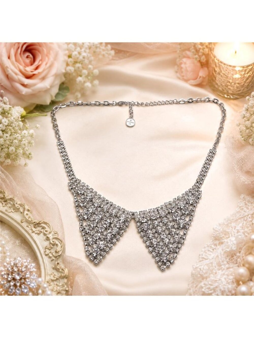 R J Graziano Clear Crystal Rhinestone Bib Collar Necklace Silver Tone 21 In
